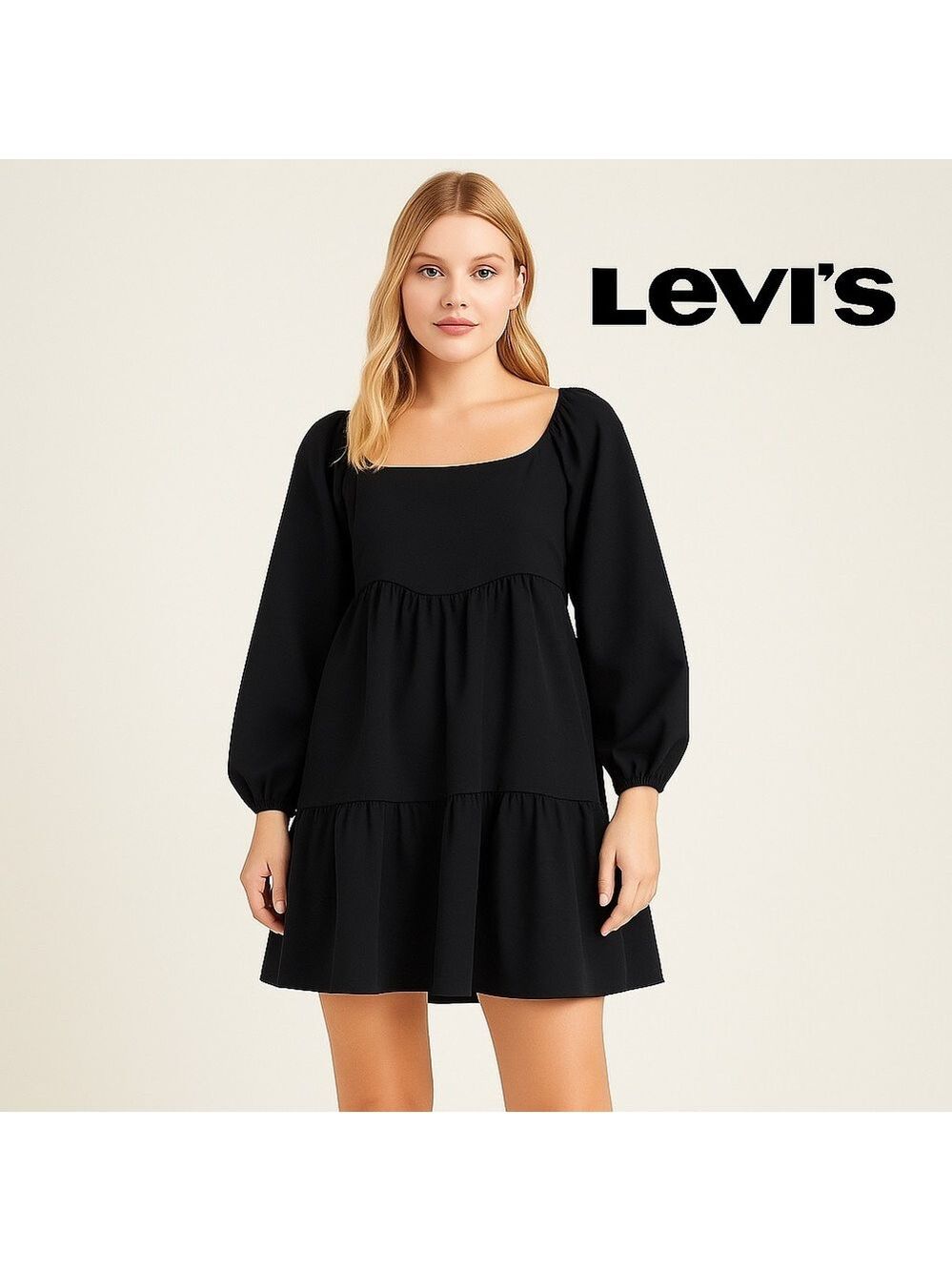 Levi’s Black Babydoll Mini Dress Puff Sleeve Square Neck Size Small Casual &Chic